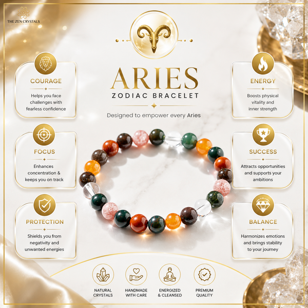 A promotional graphic for an Aries zodiac bracelet made of multicolored gemstone beads, set against a warm cream marble background with gold decorative accents and text detailing its benefits.