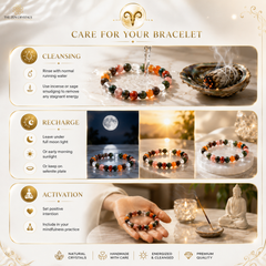 An informational care guide for gemstone bead bracelets by The Zen Crystal. The infographic is divided into three sections: Cleansing, Recharge, and Activation, featuring text instructions, icons, and multiple photos of colorful gemstone bracelets in various serene settings.