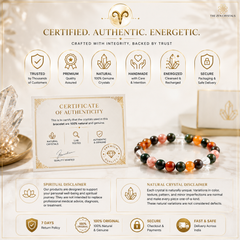 A promotional graphic for 'The Zen Crystals' featuring a beaded crystal bracelet, a certificate of authenticity, and several informational icons on a warm cream background.