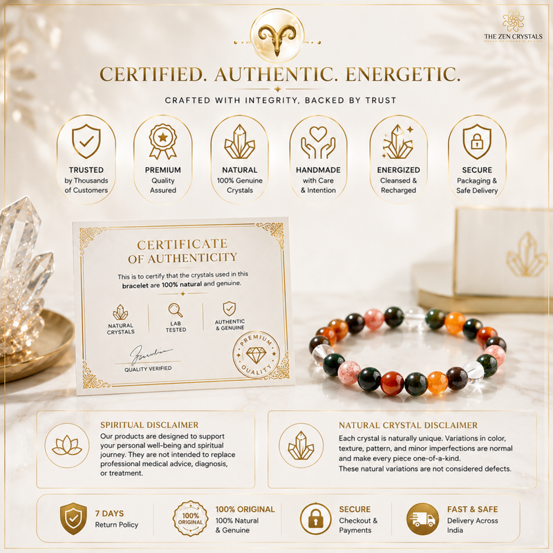 A promotional graphic for 'The Zen Crystals' featuring a beaded crystal bracelet, a certificate of authenticity, and several informational icons on a warm cream background.