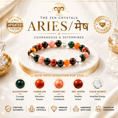 A promotional product graphic for an Aries zodiac bracelet by The Zen Crystals. The bracelet is made of multicolored polished beads including orange, green, pink, red, and dark brown, displayed on a white circular pedestal.