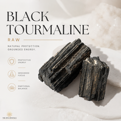 Two raw black tourmaline crystal clusters displayed on a white textured surface with a white crystal ball in the background. The image features text overlays reading 'BLACK TOURMALINE RAW' and lists of benefits including 'PROTECTIVE ENERGY', 'GROUNDED FOCUS', and 'EMOTIONAL BALANCE'.