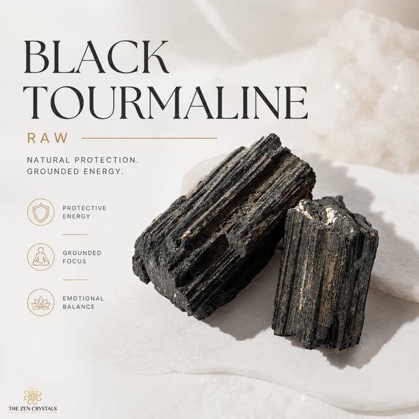 Two raw black tourmaline crystal clusters displayed on a white textured surface with a white crystal ball in the background. The image features text overlays reading 'BLACK TOURMALINE RAW' and lists of benefits including 'PROTECTIVE ENERGY', 'GROUNDED FOCUS', and 'EMOTIONAL BALANCE'.