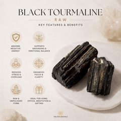 Raw black tourmaline crystal chunks displayed on a white dish with text detailing key features and benefits, by The Zen Crystals.