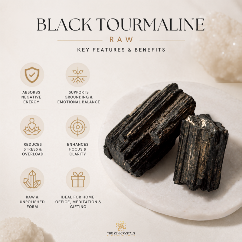 Raw black tourmaline crystal chunks displayed on a white dish with text detailing key features and benefits, by The Zen Crystals.