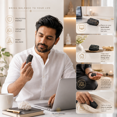A promotional collage for The Zen Crystals featuring a man in a white shirt holding a black crystal gem. The left side lists benefits like protective energy, grounded focus, and inner balance, while the right side shows four smaller panels demonstrating the crystal's use in a workspace, home entryway, meditation, and pocket.