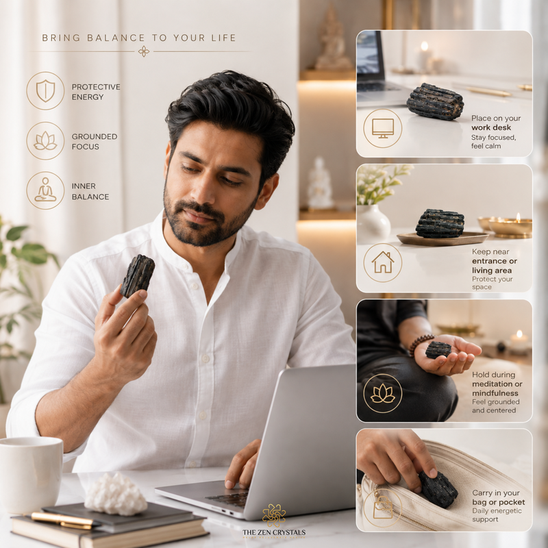 A promotional collage for The Zen Crystals featuring a man in a white shirt holding a black crystal gem. The left side lists benefits like protective energy, grounded focus, and inner balance, while the right side shows four smaller panels demonstrating the crystal's use in a workspace, home entryway, meditation, and pocket.
