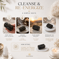 An informational graphic titled 'CLEANSE & RE-ENERGIZE' with the subtitle '4 SIMPLE WAYS' showing five illustrated steps for preparing and using blackened herbal smudge sticks: rinsing under running water, smudging with incense, placing under sunlight, moonlight or selenite plate, and frequency guidance. The design includes decorative natural elements and a candle at the bottom right, with 'THE ZEN CRYSTALS' logo at the bottom center.