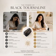 An informational marketing graphic for a black tourmaline stone, titled 'THE POWER OF BLACK TOURMALINE'. It features a 'Before' and 'After' comparison with photos of a woman, accompanied by lists of benefits and drawbacks, and a central circular inset showing the polished black tourmaline stone.