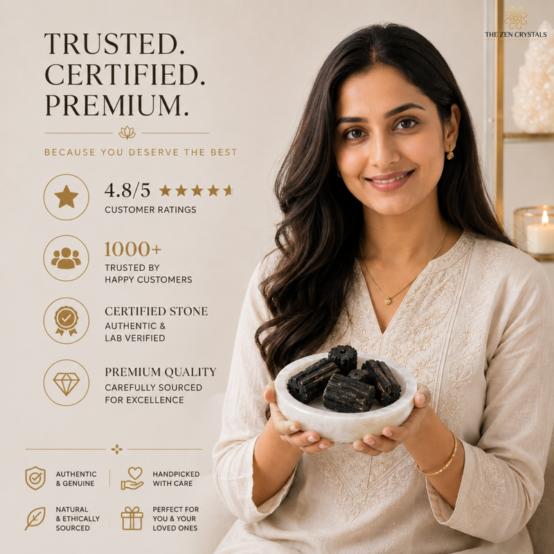 A woman in a cream-colored top holds a small white bowl filled with dark, polished black stones. The image is a promotional graphic with text highlighting product features and trust badges on the left, and the brand logo 'The Zen Crystals' in the top right corner.