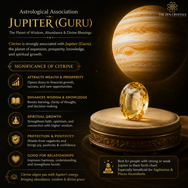 An astrological infographic for Jupiter (Guru) by The Zen Crystals, featuring a large Jupiter planet and a clear faceted citrine gemstone on an ornate pedestal against a dark starry background.
