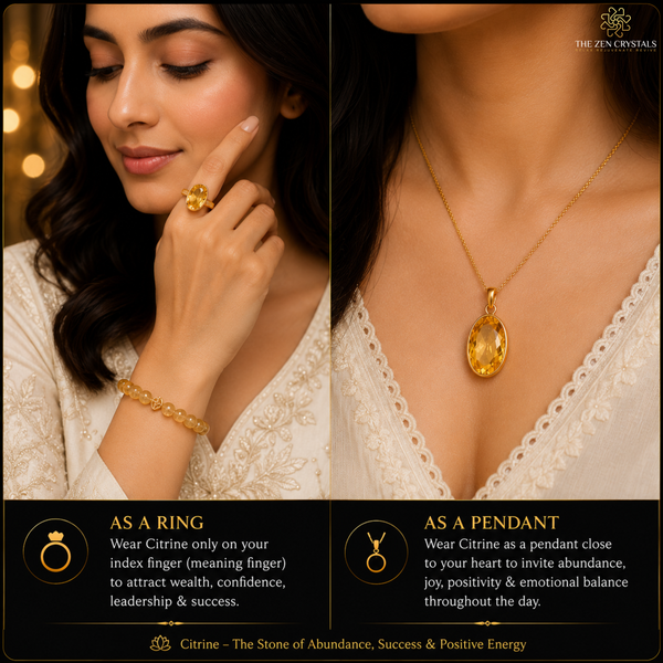 A split-screen lifestyle graphic showing a woman wearing a gold ring and bracelet on one side, and a gold pendant necklace on the other, both featuring Citrine stones. The image includes text overlays explaining the energy benefits of wearing Citrine as a ring and as a pendant, with the brand logo 'The Zen Crystals' in the top right corner.