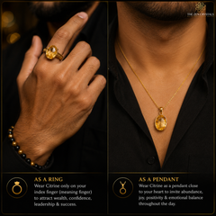 A split-screen promotional image showing a yellow gemstone ring worn on a hand and a matching oval pendant necklace on a model's neck, with text describing symbolic meanings and branding for The Zen Crystals.