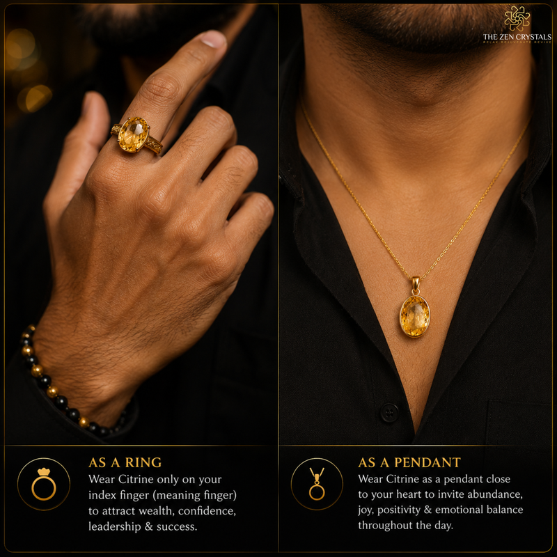 A split-screen promotional image showing a yellow gemstone ring worn on a hand and a matching oval pendant necklace on a model's neck, with text describing symbolic meanings and branding for The Zen Crystals.