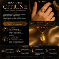 An infographic titled 'HOW TO USE CITRINE' showing a hand wearing a gold ring with a citrine gemstone and a gold pendant necklace. The design features dark brown and gold tones with text detailing how to wear citrine as a ring and pendant, along with tips for best results.