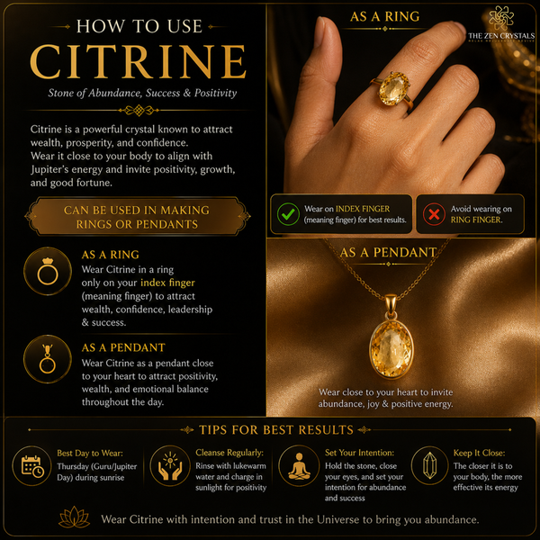 An infographic titled 'HOW TO USE CITRINE' showing a hand wearing a gold ring with a citrine gemstone and a gold pendant necklace. The design features dark brown and gold tones with text detailing how to wear citrine as a ring and pendant, along with tips for best results.