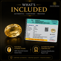 A promotional graphic for The Zen Crystals showing a large yellow gemstone beside a gemstone identification report card and an authenticity certificate on a black background with gold text.