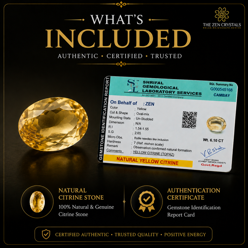 A promotional graphic for The Zen Crystals showing a large yellow gemstone beside a gemstone identification report card and an authenticity certificate on a black background with gold text.
