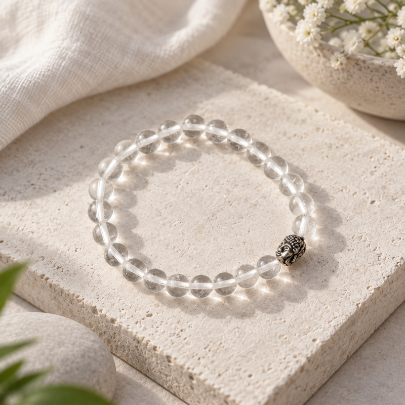 A clear quartz beaded bracelet with a small silver-toned Buddha head charm, displayed on a textured beige stone slab with soft neutral props.