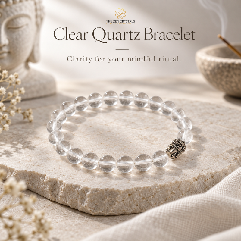 A clear quartz beaded bracelet with a silver-toned elephant charm, displayed on a textured stone slab with a Buddha statue and incense bowl in the background. The text 'Clear Quartz Bracelet' and 'The Zen Crystals' are overlaid at the top.