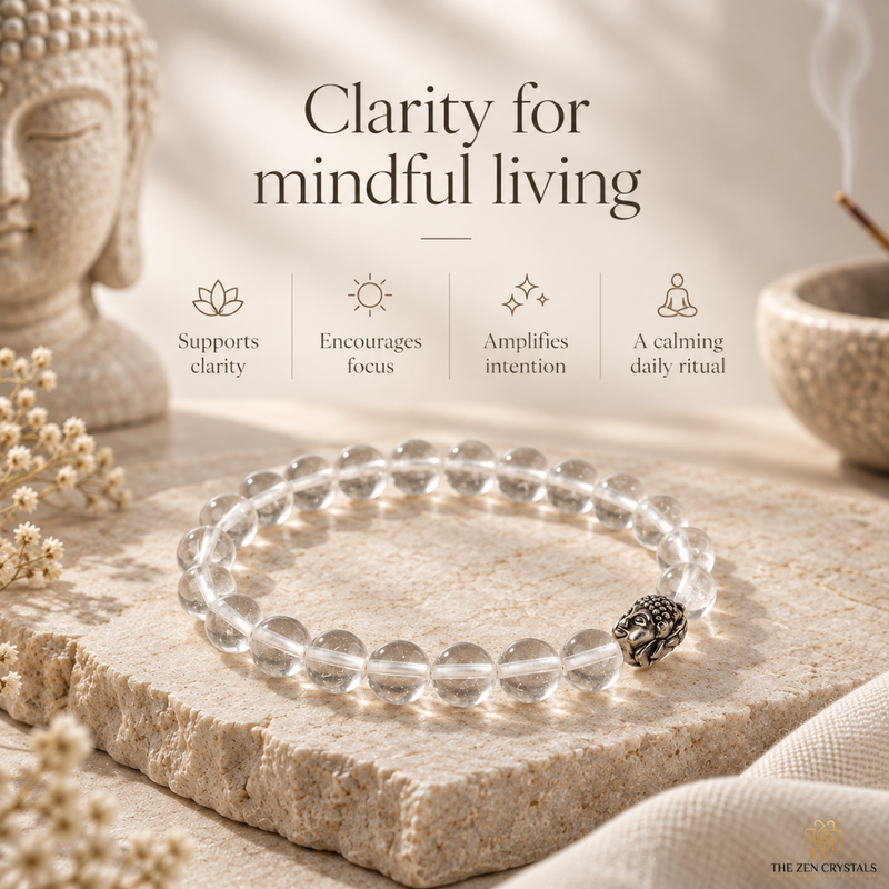 A clear beaded bracelet with a small silver-toned Buddha bead charm, displayed on a stone slab with a Buddha statue, dried flowers, and a incense burner in the background. Text overlays read 'Clarity for mindful living' with feature icons.