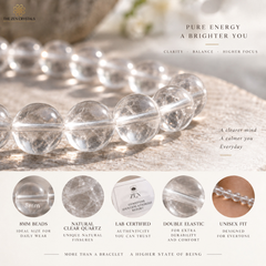 Clear quartz crystal bead bracelet with white cloud-like inclusions, shown draped over a stone surface with marketing text and feature callouts below.