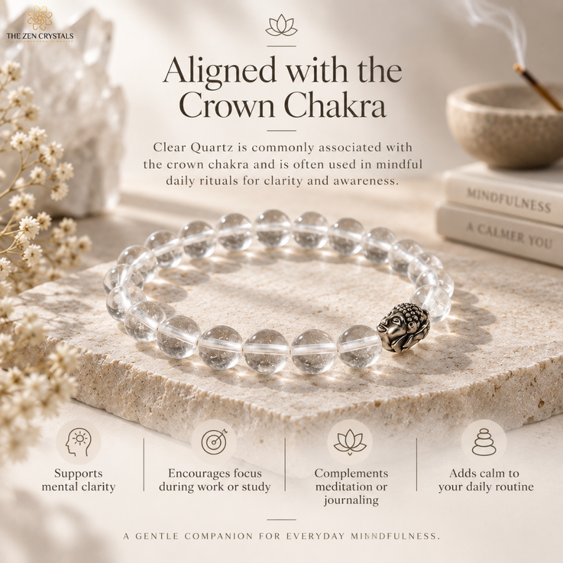 A clear quartz beaded bracelet with a silver crown chakra bead rests on a textured stone slab. The background is a warm, softly lit setting with dried flowers, a book, and a small bowl, with text overlays explaining the benefits of clear quartz for crown chakra alignment.