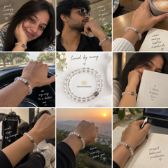 A 3x3 collage showing a woman and a man wearing clear crystal bracelets with silver-toned metal accents. The collage includes lifestyle settings like a car, a desk with a book, and a sunset view, with motivational text overlays and one central image of a pearl bracelet with a gold-toned logo that reads 'THE OVEN CRISTAL'.