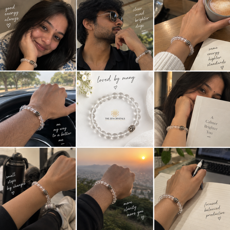 A 3x3 collage showing a woman and a man wearing clear crystal bracelets with silver-toned metal accents. The collage includes lifestyle settings like a car, a desk with a book, and a sunset view, with motivational text overlays and one central image of a pearl bracelet with a gold-toned logo that reads 'THE OVEN CRISTAL'.