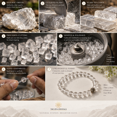 A 7-step infographic detailing the handcrafted process of a clear quartz crystal bracelet by The Zen Crystals, showing raw stone, slabs, cubed pieces, hand-held assembly, and the finished bracelet worn on a wrist.