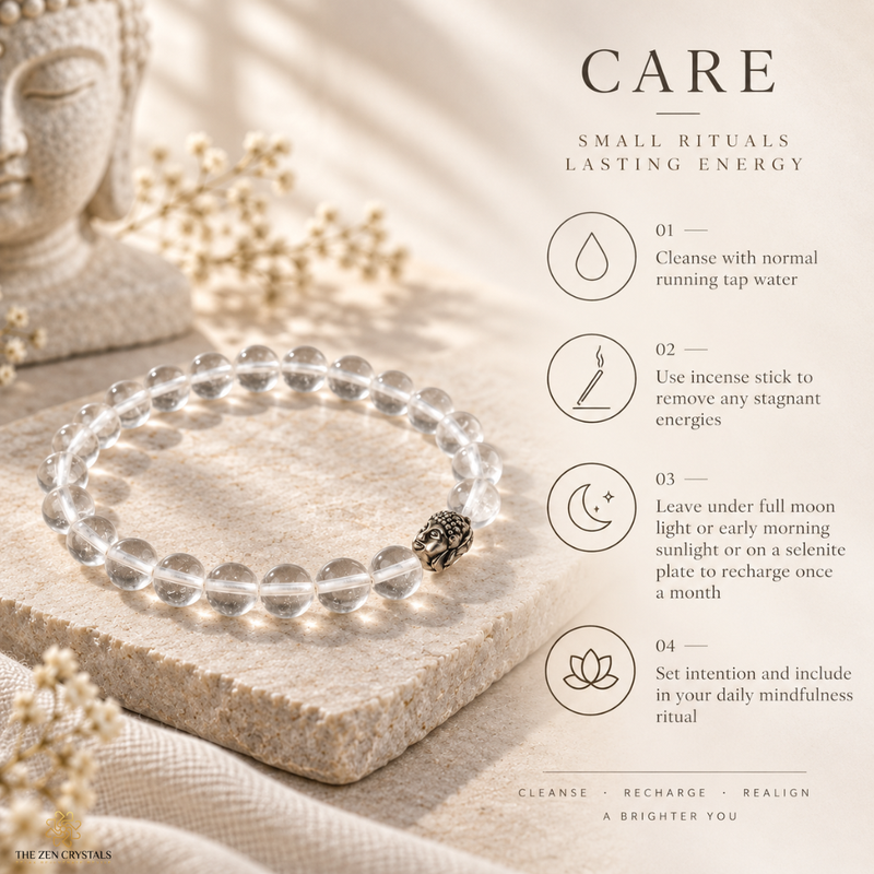 A clear crystal bracelet with a small black and gold bead charm rests on a textured stone slab. The image includes a 'CARE' guide with text and icons about how to maintain the bracelet, set against a warm, softly lit background with dried flowers.