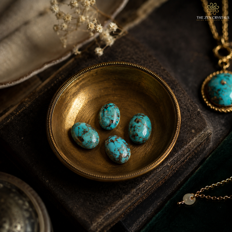 Four oval turquoise stone cabochons with brown matrix are displayed in a small gold-toned dish, with a matching turquoise pendant necklace partially visible on the right. The scene is styled on a dark textured surface with dried flowers and a fabric corner.