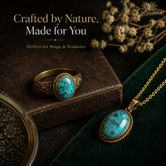A gold ring and matching pendant necklace, both featuring oval turquoise stones with dark inclusions, displayed on a dark brown box and a green velvet surface. The image includes text reading 'Crafted by Nature, Made for You' and a logo for 'The Zen Crystal'.