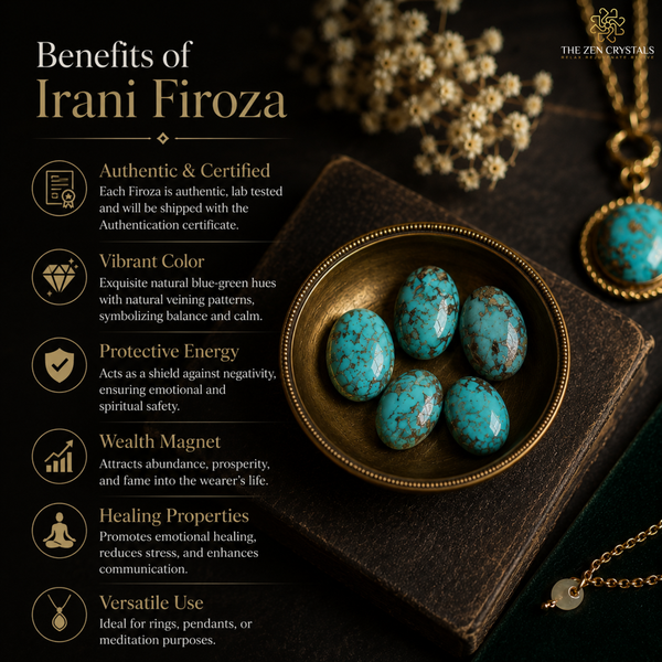 A promotional graphic for Irani Firoza turquoise stones, showing five polished blue-green stones in a round brass bowl on a dark book, with a matching pendant necklace nearby. Text on the left lists benefits such as authentic certification, vibrant color, protective energy, wealth magnet, healing properties, and versatile use.