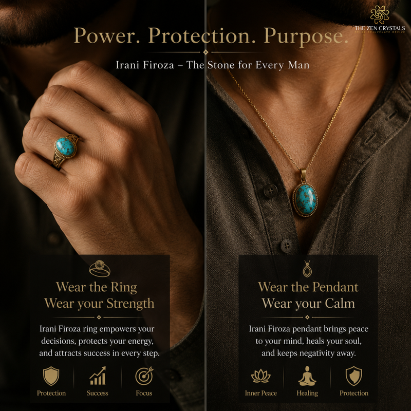 Promotional split image for Irani Firoza jewelry by The Zen Crystals, showing a man wearing a turquoise ring on one hand and a matching turquoise pendant necklace on the other, with text overlays describing protection, success, focus, inner peace, and healing.