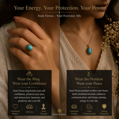 A split promotional graphic showing a woman wearing two jewelry pieces: a turquoise ring on her hand and a matching turquoise pendant necklace. The image includes marketing text about 'Irani Firoza' and product benefits, with a dark background and decorative dried flowers.
