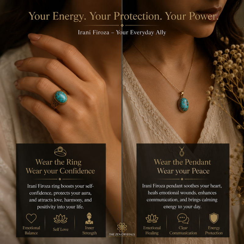 A split promotional graphic showing a woman wearing two jewelry pieces: a turquoise ring on her hand and a matching turquoise pendant necklace. The image includes marketing text about 'Irani Firoza' and product benefits, with a dark background and decorative dried flowers.