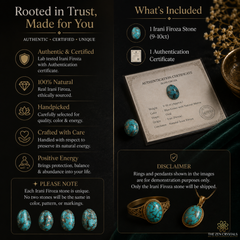 An informational product graphic for an irani firefoza stone set by The Zen Crystals. The dark-themed layout features sections titled 'Rooted in Trust, Made for You' and 'What's Included', accompanied by product photos of a turquoise-blue stone, its authenticity certificate, and a matching pendant on a gold ring.
