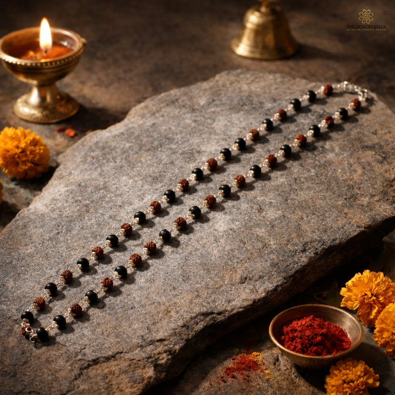 karungali and rudraksha mala on a stone surface with a lit oil lamp and marigold flowers.
