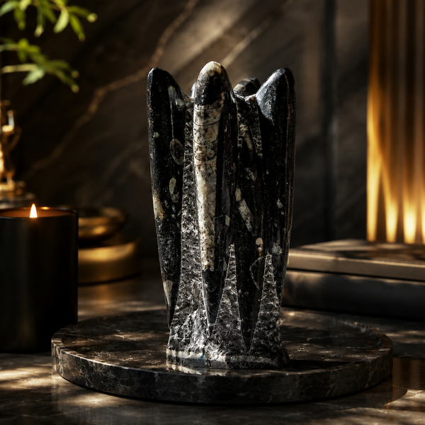 orthoceras stone sculpture on a dark surface with a candle in the background