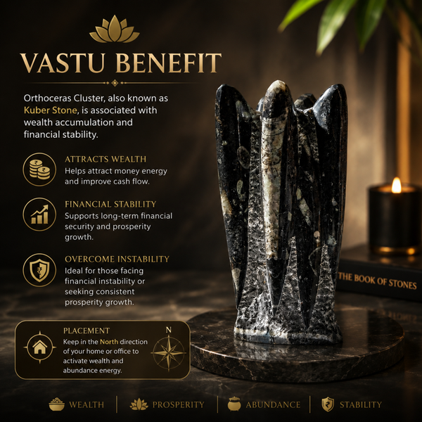 Vastu Benefit Orthoceras Cluster with text on benefits and usage