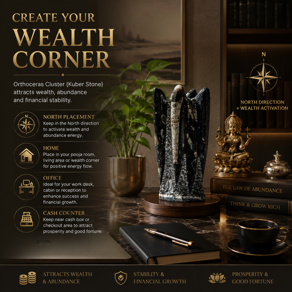 Decorative setup with a Kuber Stone, books, and a plant on a desk, promoting wealth corner creation.