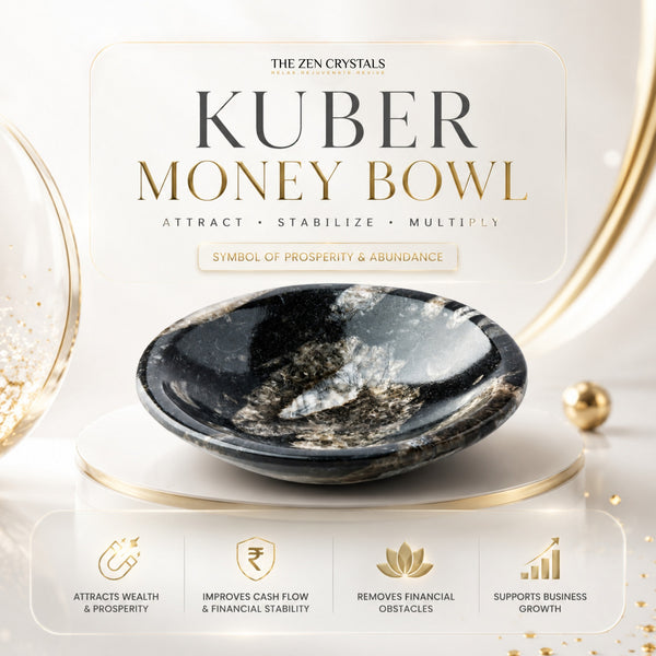 A Kuber Money Bowl crystal display by The Zen Crystals, featuring a polished black and gold marbled money bowl on a gold-rimmed pedestal. The image includes promotional text highlighting its benefits for wealth and financial stability.