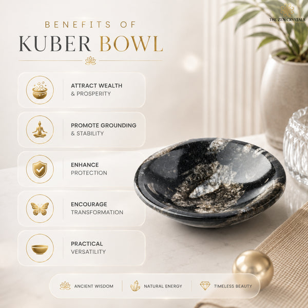 A polished black and gold kuber stone bowl displayed on a marble surface next to a glass container, with a text overlay detailing the spiritual benefits of a kuber bowl.
