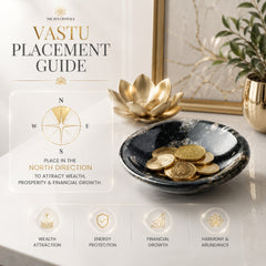 A promotional graphic for 'The Zen Crystals' Vastu Placement Guide, featuring a compass diagram in the north direction. The right side shows a styled arrangement with a black marbled bowl of gold coins, a gold lotus figurine, and a gold frame on a white marble surface.