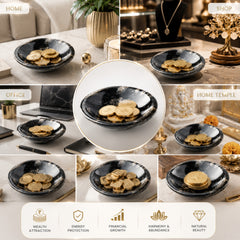 A collage showing a black and white marbled ceramic money bowl filled with gold coins, displayed in home and office settings. The collage includes text labels such as HOME, OFFICE, SHOP, and HOME TEMPLE, along with icons and text about wealth, energy protection, financial growth, harmony, and natural beauty.