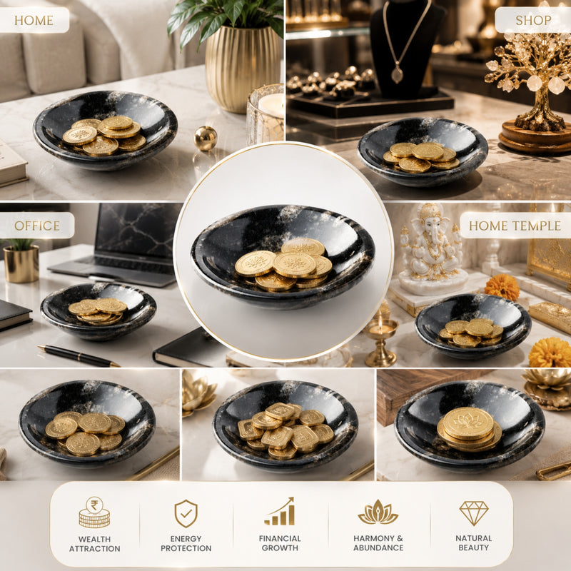 A collage showing a black and white marbled ceramic money bowl filled with gold coins, displayed in home and office settings. The collage includes text labels such as HOME, OFFICE, SHOP, and HOME TEMPLE, along with icons and text about wealth, energy protection, financial growth, harmony, and natural beauty.