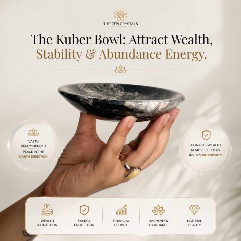 A hand holds a polished black and white marble Kuber bowl from The Zen Crystals. The image features marketing text and circular callouts explaining the spiritual benefits of the bowl, set against a clean, warm beige background.