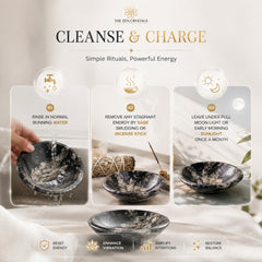 An infographic titled 'CLEANSE & CHARGE' by The Zen Crystals explains how to use a dark marbled ceramic bowl for cleansing. It features three steps: rinsing in normal running water, smudging with sage or an incense stick, and leaving under moonlight.