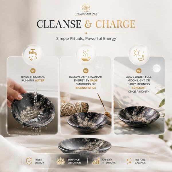 An infographic titled 'CLEANSE & CHARGE' by The Zen Crystals explains how to use a dark marbled ceramic bowl for cleansing. It features three steps: rinsing in normal running water, smudging with sage or an incense stick, and leaving under moonlight.